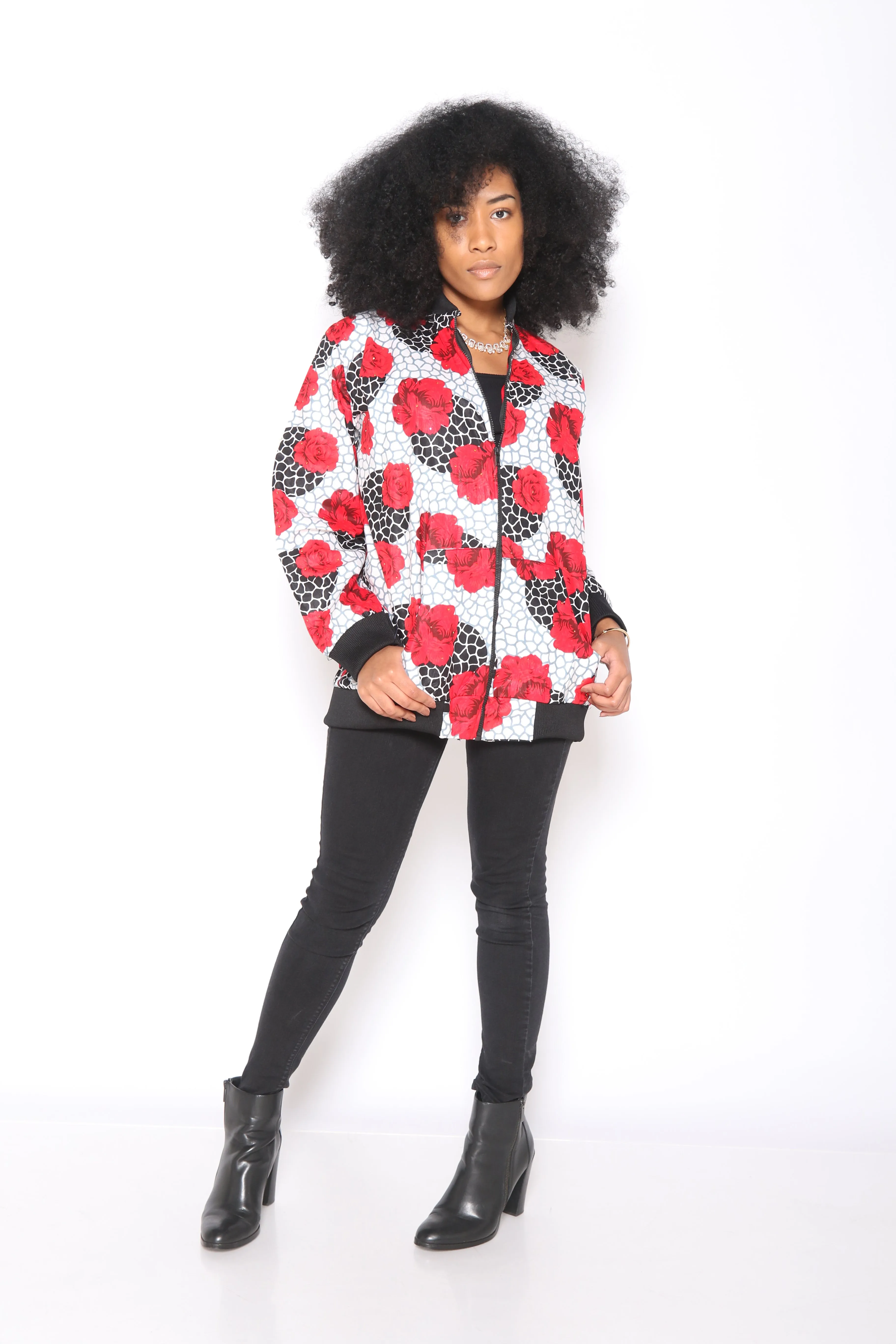 African Print Bomber Jacket (Red)