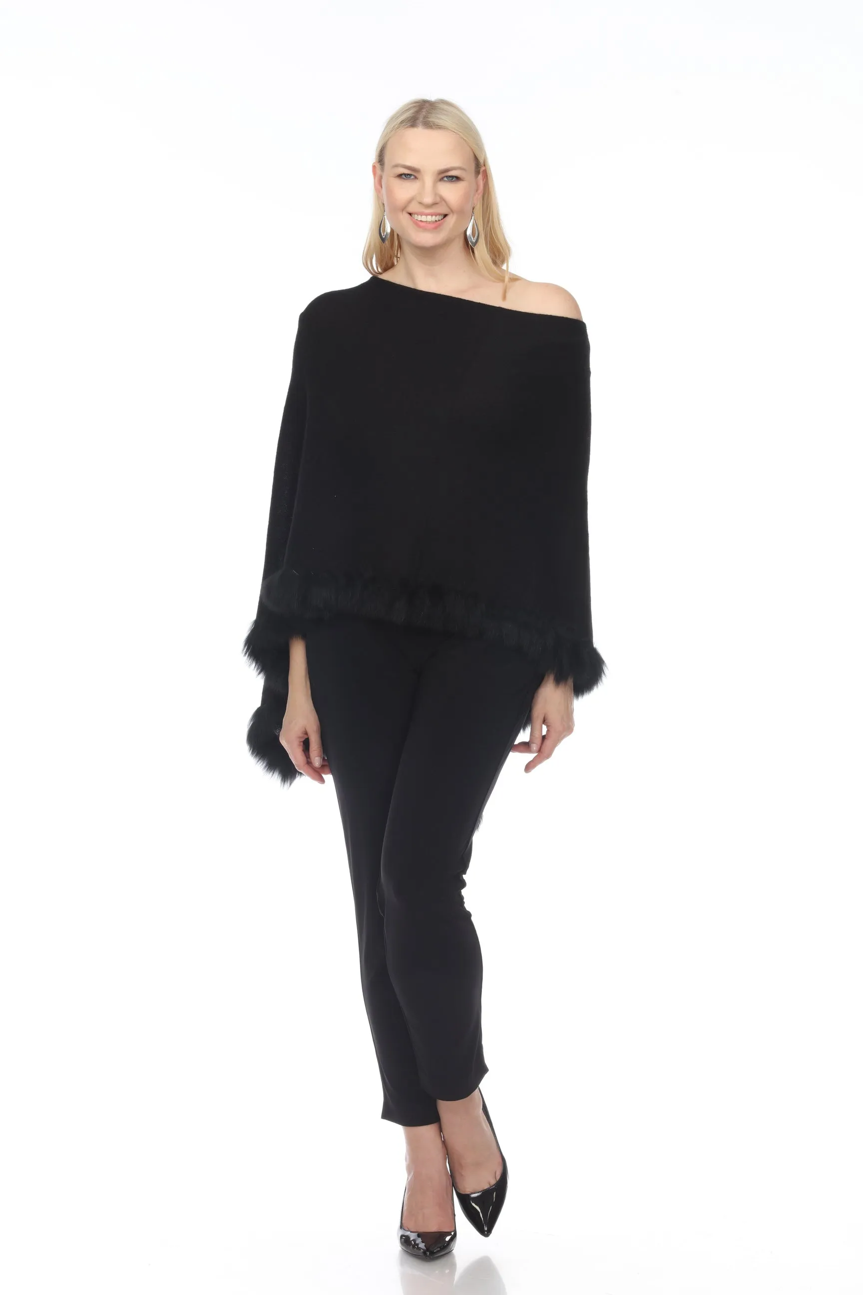 Alashan Luxe 100% Cashmere Flutter Fox Trim Topper Poncho LXF9317