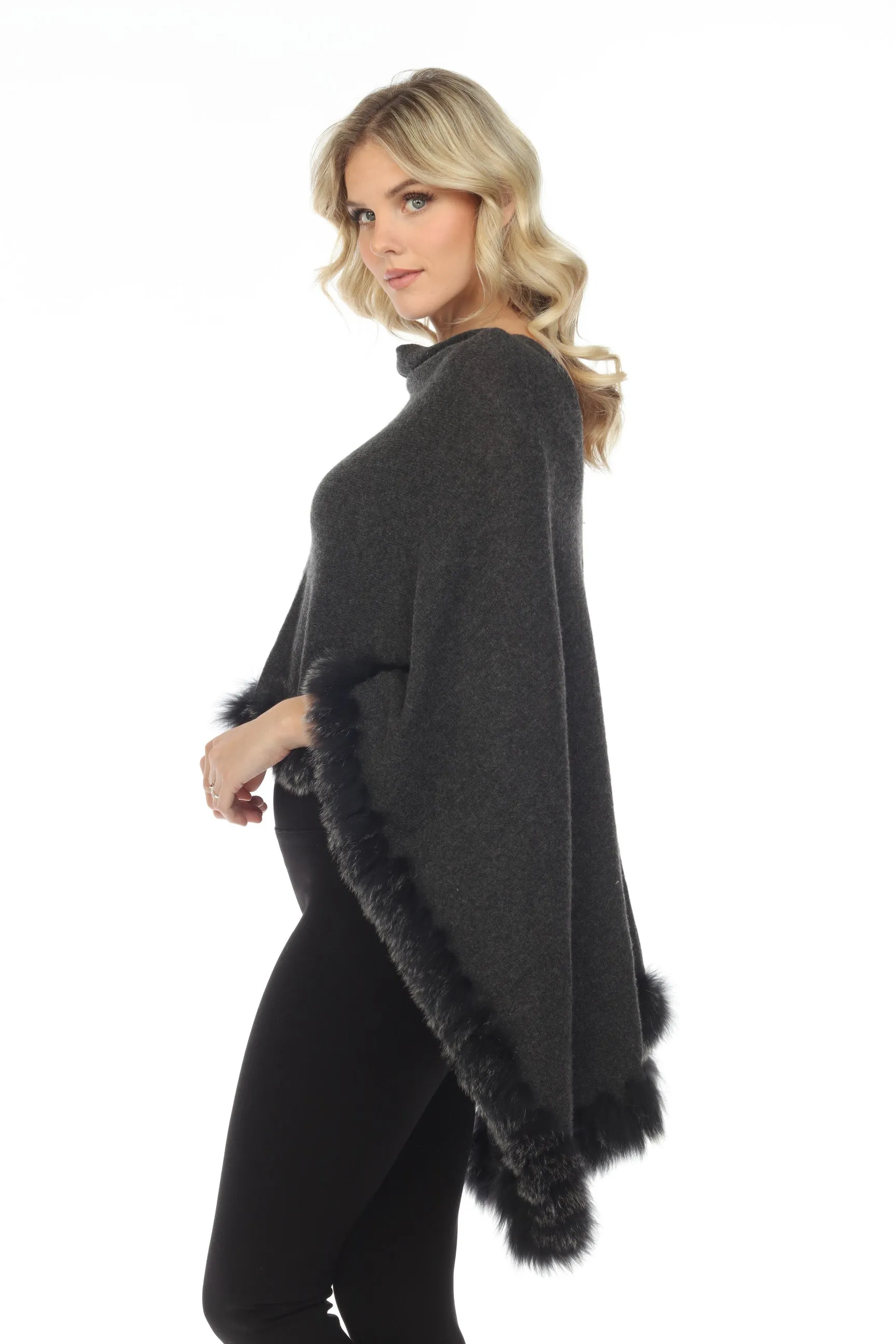 Alashan Luxe 100% Cashmere Flutter Fox Trim Topper Poncho LXF9317