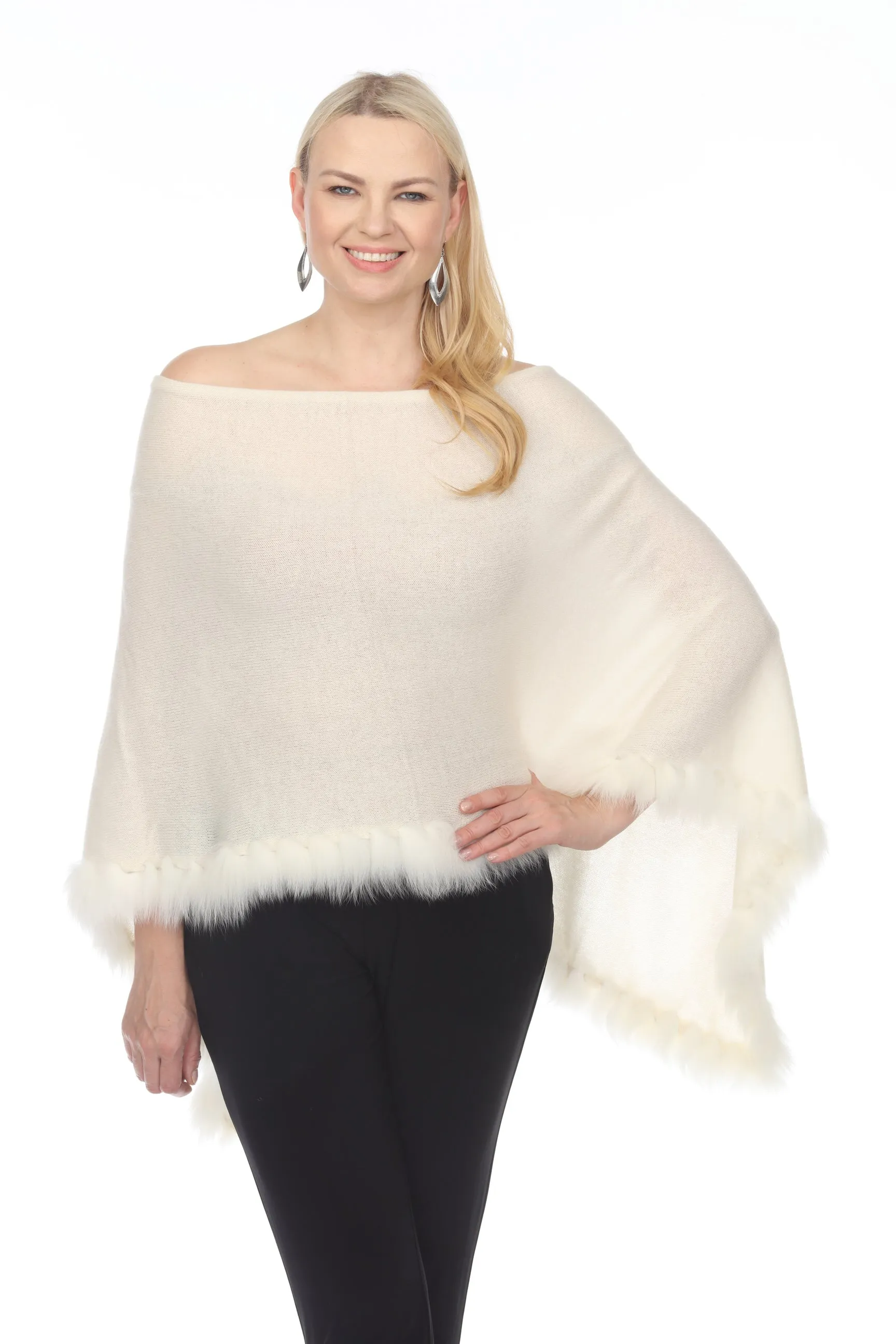 Alashan Luxe 100% Cashmere Flutter Fox Trim Topper Poncho LXF9317