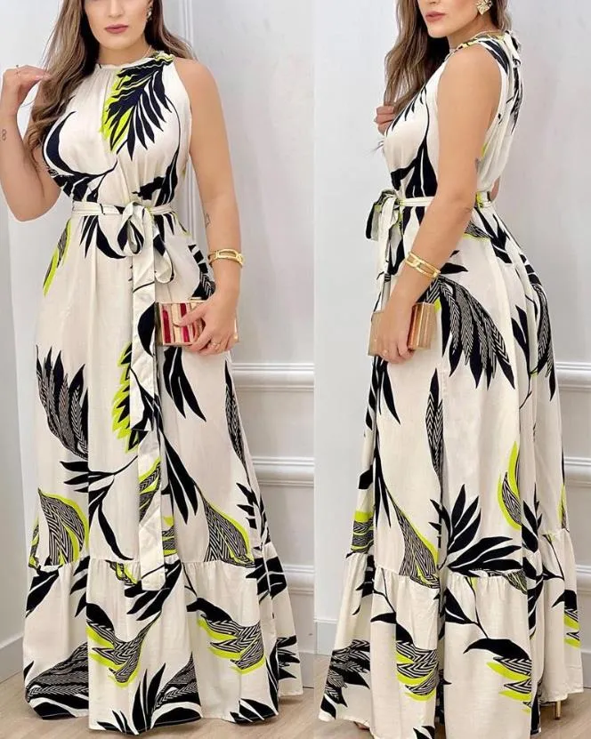 Amozae Dresses for Women 2023 Spring Fashion Leaf Print Sleeveless Casual O-Neck Maxi Daily Vacation Dress with Belt