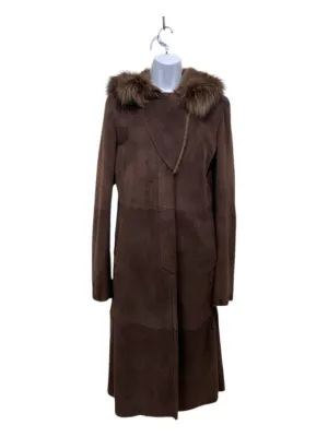 Artico Size 42/S Brown Suede & Fur Fox Fur Trim Hood Button Down Coat