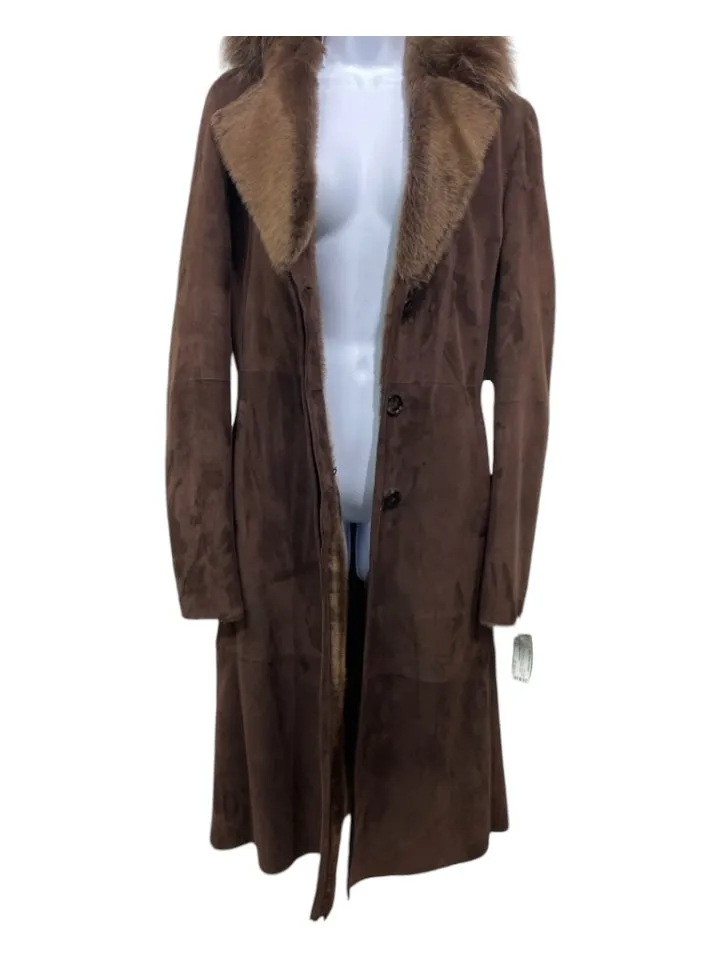 Artico Size 42/S Brown Suede & Fur Fox Fur Trim Hood Button Down Coat