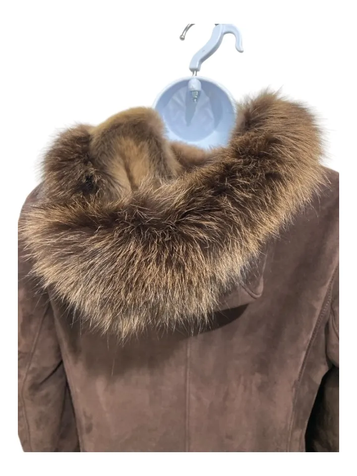 Artico Size 42/S Brown Suede & Fur Fox Fur Trim Hood Button Down Coat