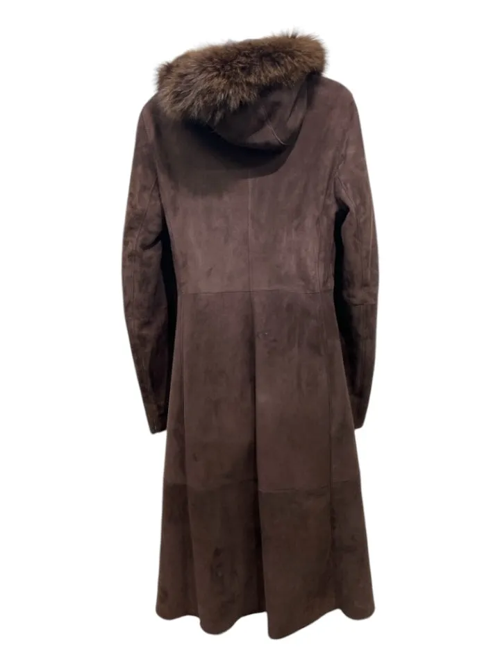 Artico Size 42/S Brown Suede & Fur Fox Fur Trim Hood Button Down Coat