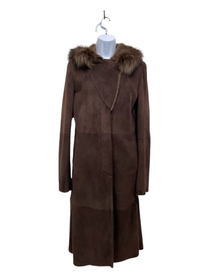 Artico Size 42/S Brown Suede & Fur Fox Fur Trim Hood Button Down Coat