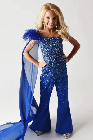 Ava Presley 38028 Long One Shoulder Feather Girls Pageant Jumpsuit Cape Beaded Fun Fashion
