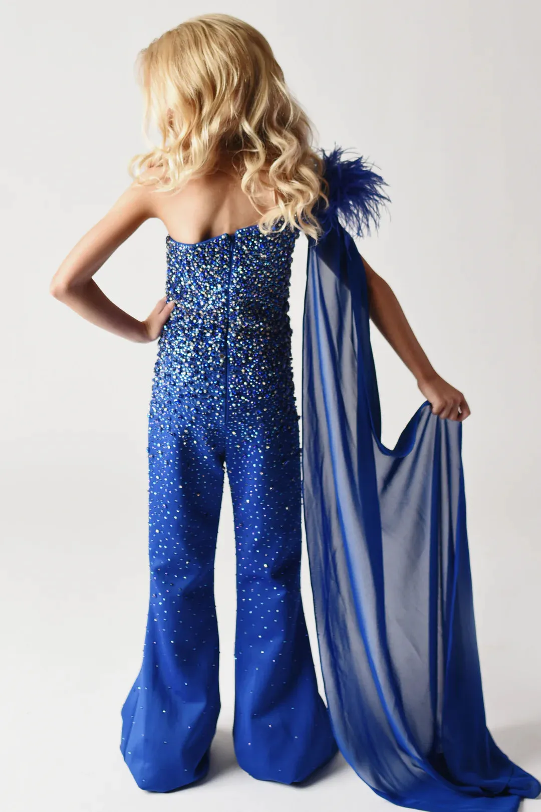 Ava Presley 38028 Long One Shoulder Feather Girls Pageant Jumpsuit Cape Beaded Fun Fashion