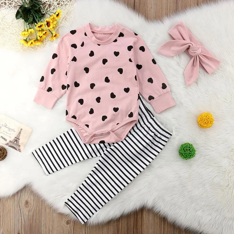 Baby Girls Bodysuit Clothing Outfits Set Love Heart Bodysuit Striped Pants Pink Bowknot Headband