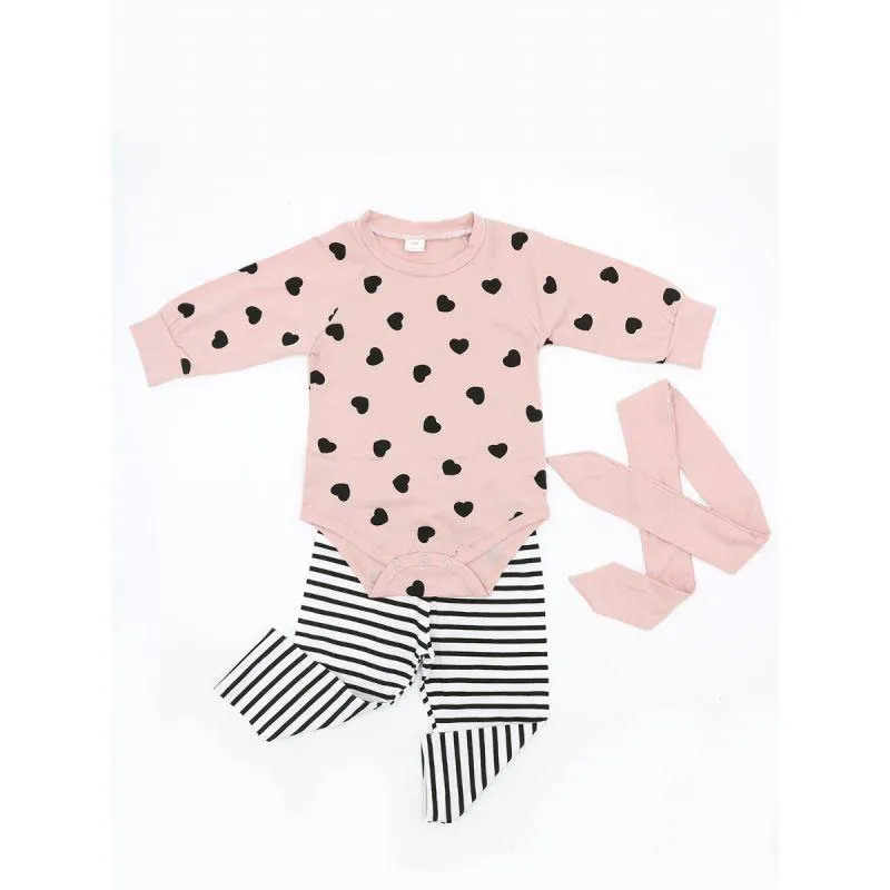 Baby Girls Bodysuit Clothing Outfits Set Love Heart Bodysuit Striped Pants Pink Bowknot Headband