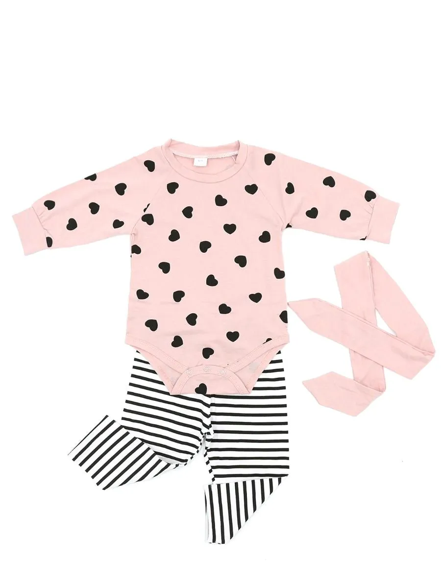 Baby Girls Bodysuit Clothing Outfits Set Love Heart Bodysuit Striped Pants Pink Bowknot Headband