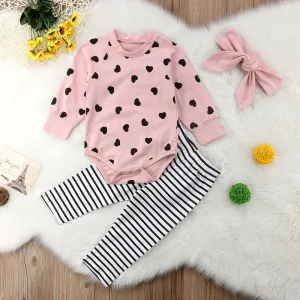 Baby Girls Bodysuit Clothing Outfits Set Love Heart Bodysuit Striped Pants Pink Bowknot Headband