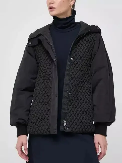 Belted Diamond-Quilted Hooded Balloon-Sleeve Jacket