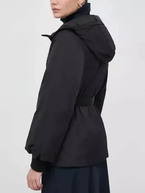 Belted Diamond-Quilted Hooded Balloon-Sleeve Jacket