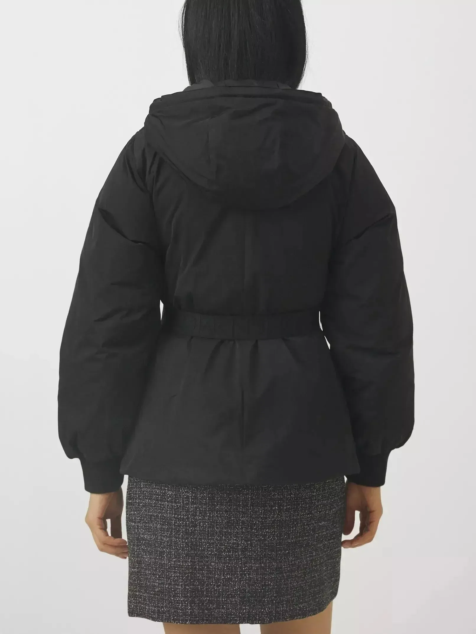 Belted Diamond-Quilted Hooded Balloon-Sleeve Jacket