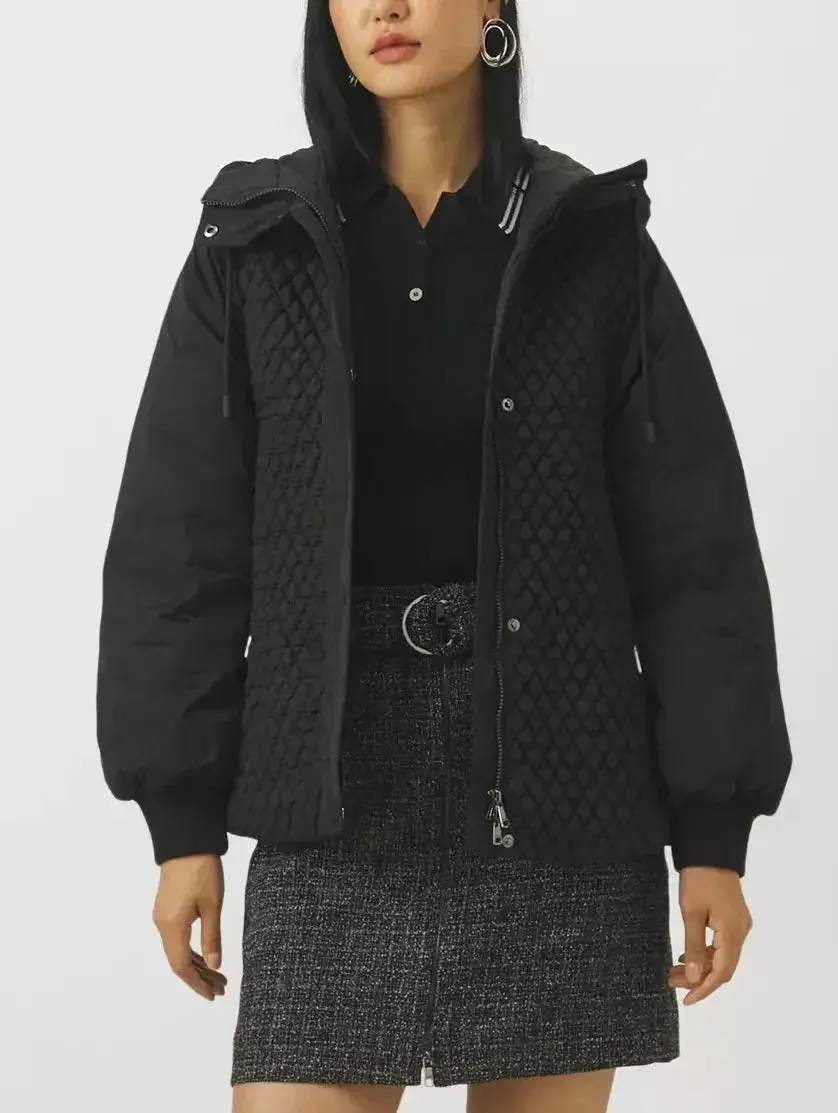 Belted Diamond-Quilted Hooded Balloon-Sleeve Jacket