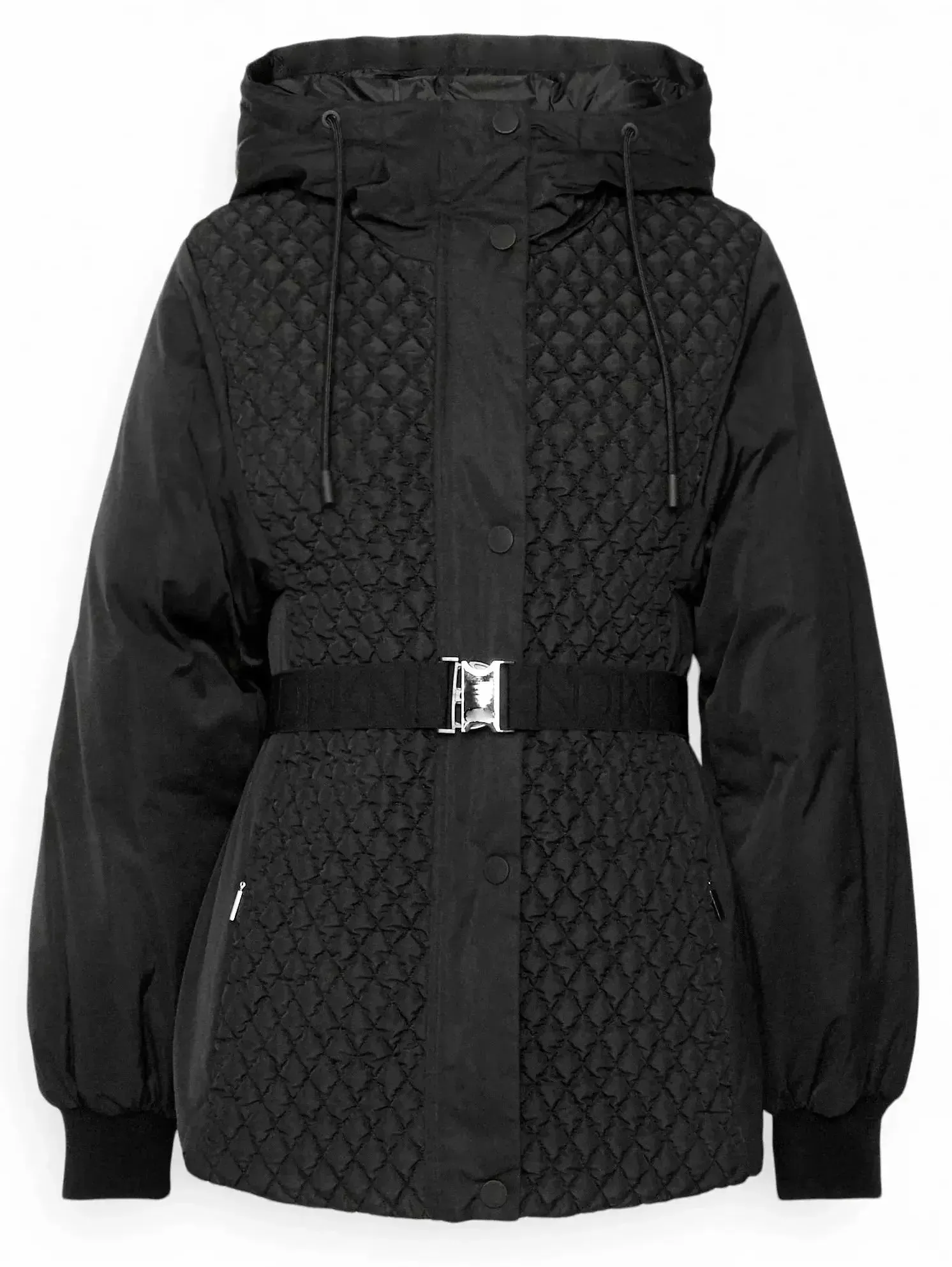Belted Diamond-Quilted Hooded Balloon-Sleeve Jacket