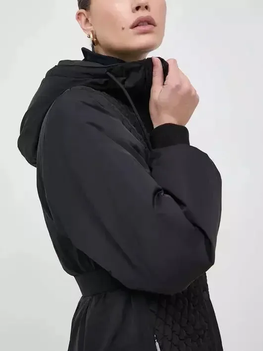 Belted Diamond-Quilted Hooded Balloon-Sleeve Jacket