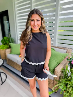 Black & Cream Ric Rac Trim Short Set
