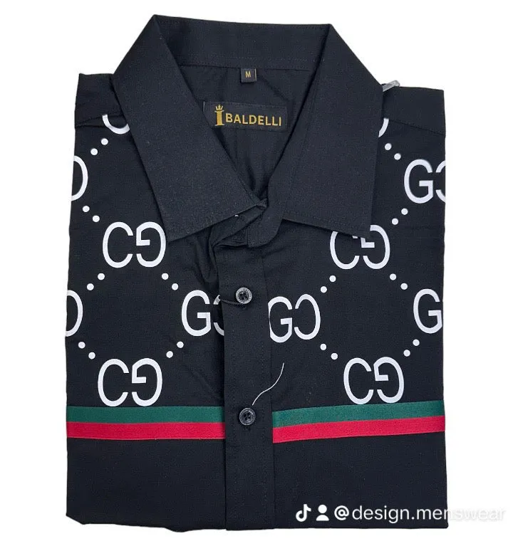 Black CG Print Men's Red and Green Design Long Sleeve Shirt