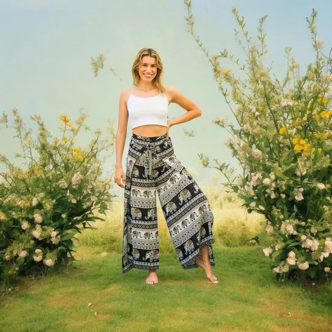 Black Cute Elephant Palazzo Wrap Pants
