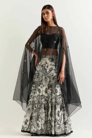 Black Embellished Organza Cape With Printed Skirt