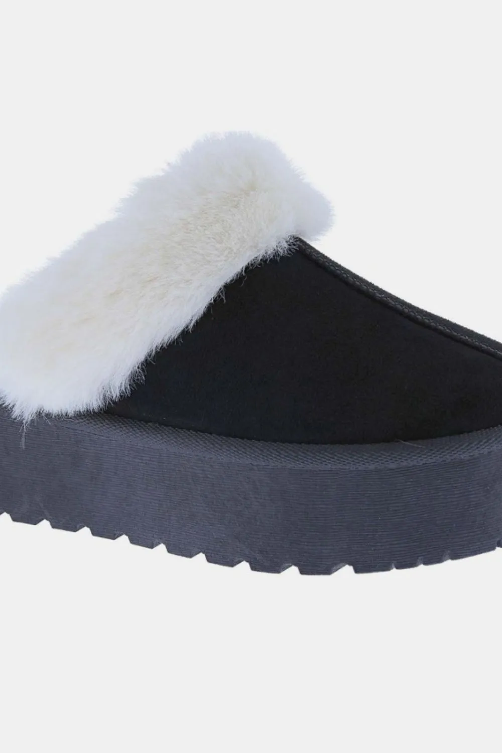 Black Platform Faux Fur Trim Slippers