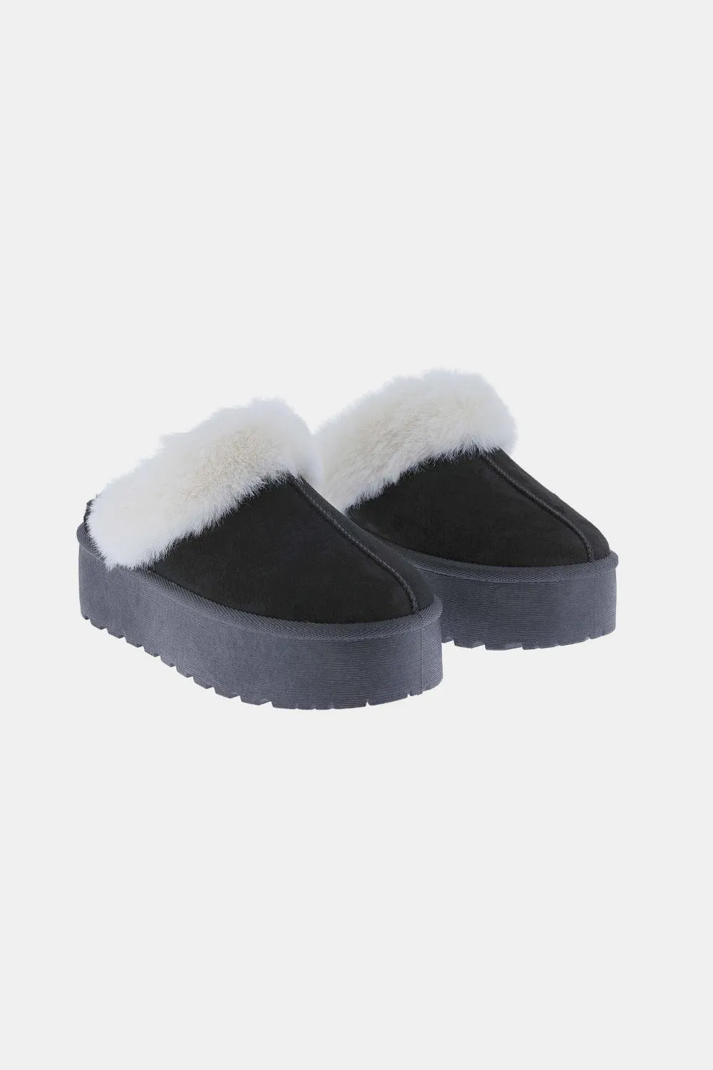 Black Platform Faux Fur Trim Slippers