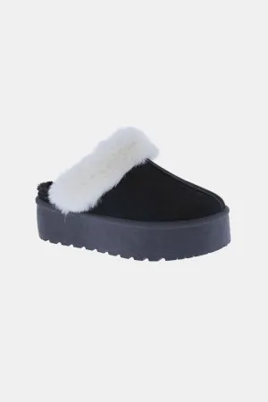 Black Platform Faux Fur Trim Slippers