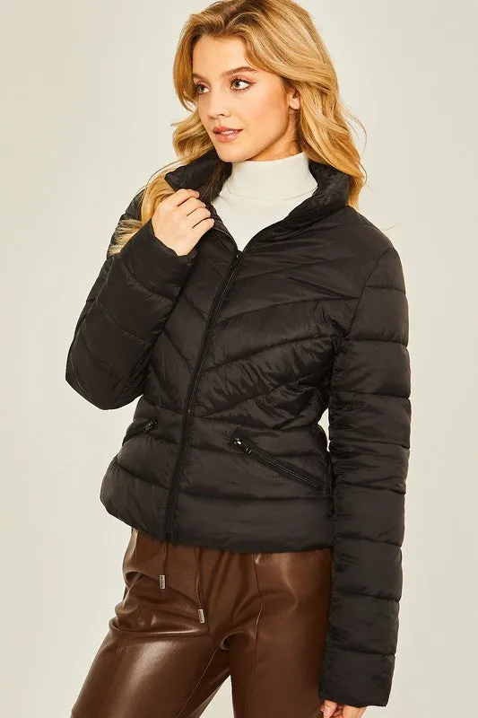 Black Zip Up Puffer Jacket With Storage Bag