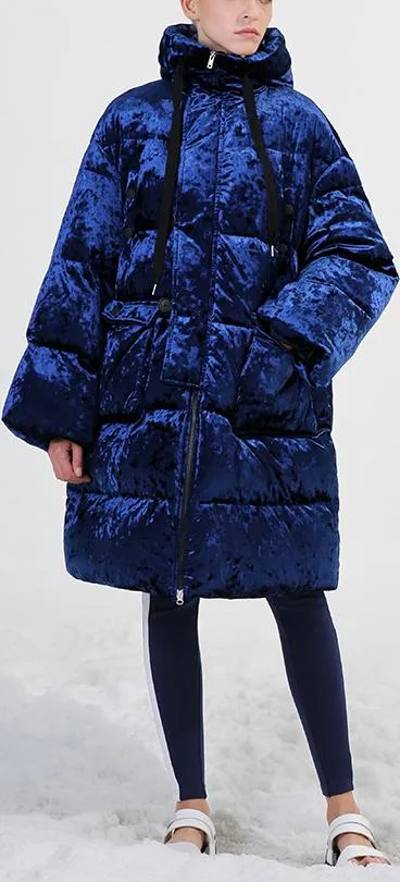 Blue Crushed Velvet Puffer Coat