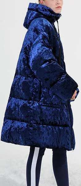 Blue Crushed Velvet Puffer Coat
