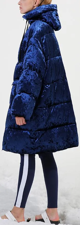 Blue Crushed Velvet Puffer Coat