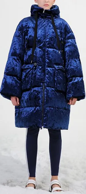 Blue Crushed Velvet Puffer Coat
