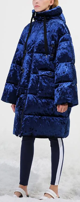 Blue Crushed Velvet Puffer Coat
