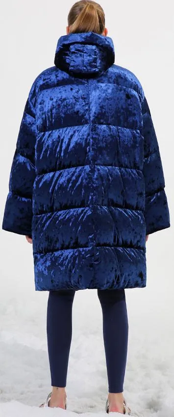 Blue Crushed Velvet Puffer Coat