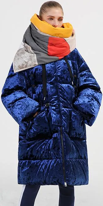 Blue Crushed Velvet Puffer Coat