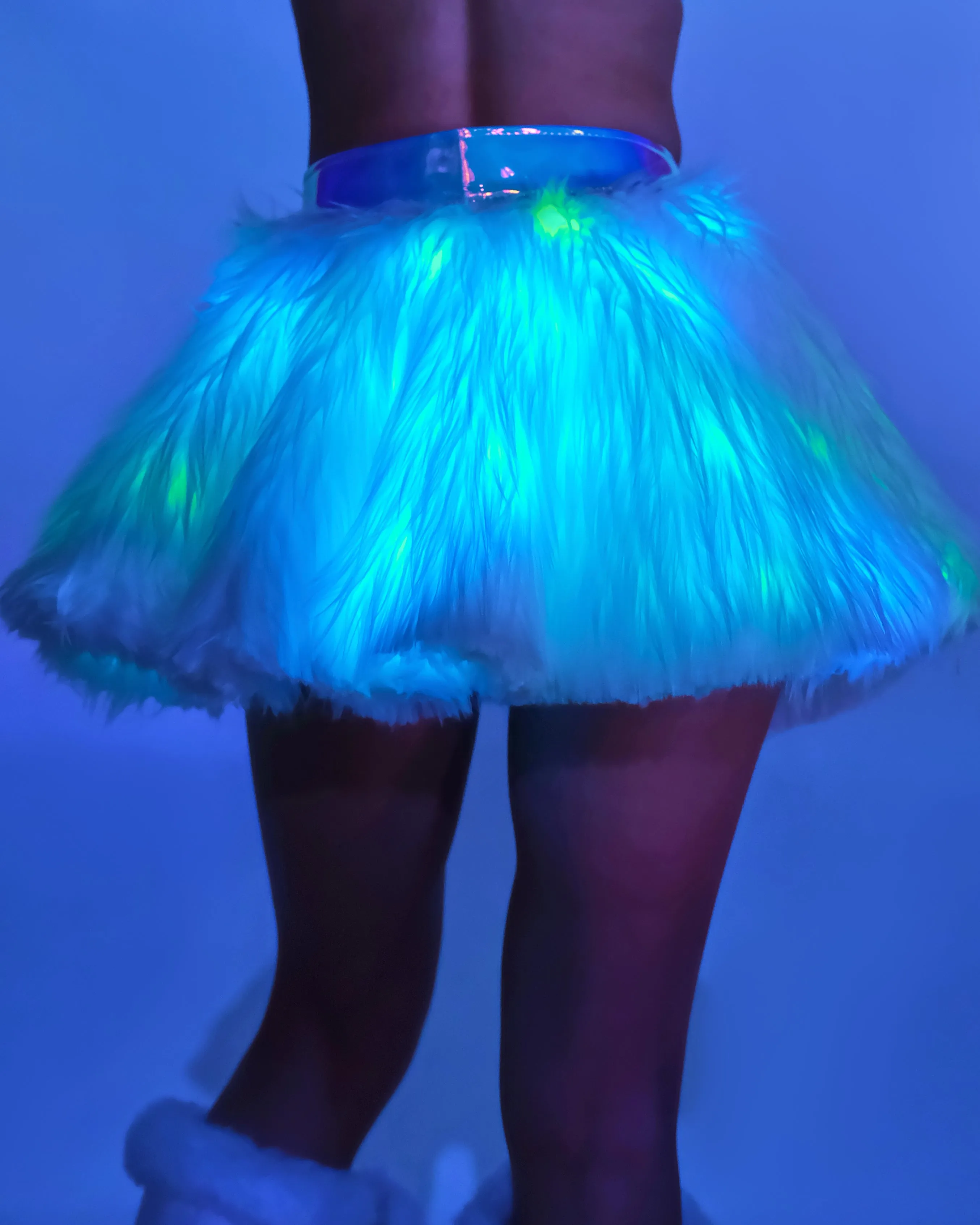 Blue/Green LED White Fur Belted Skirt