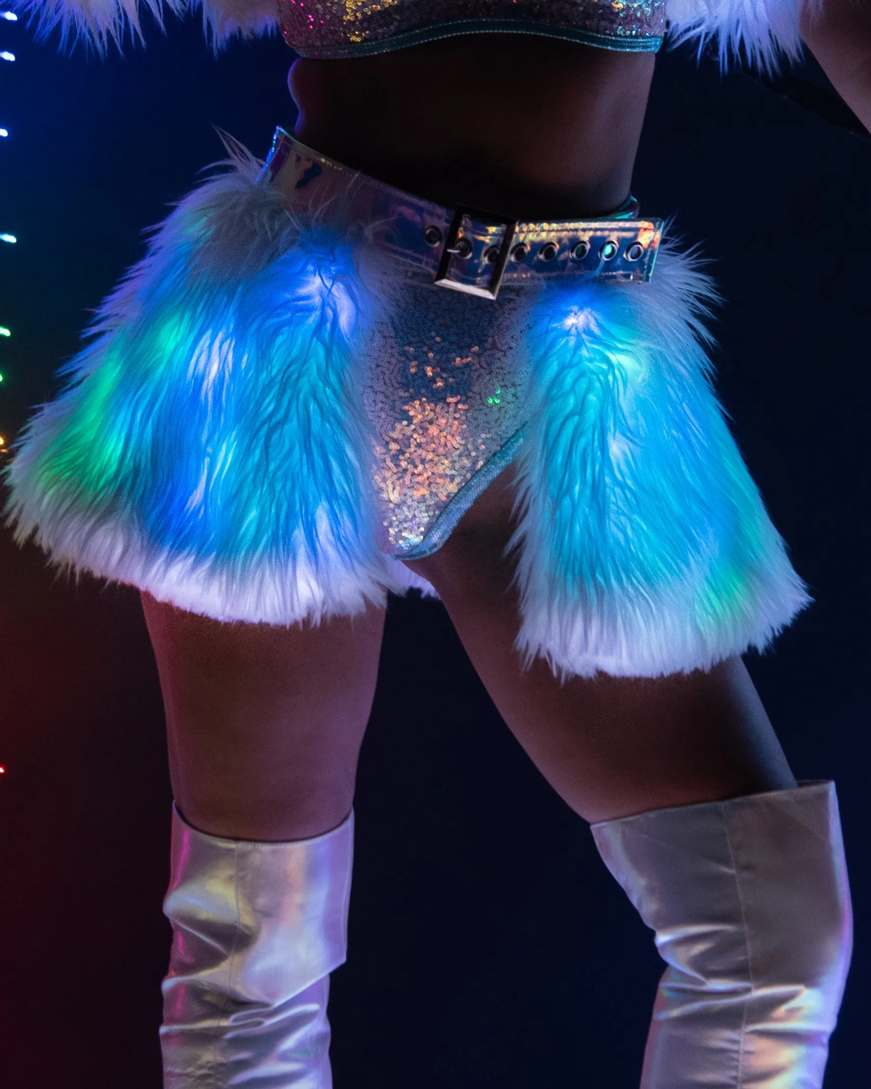 Blue/Green LED White Fur Belted Skirt