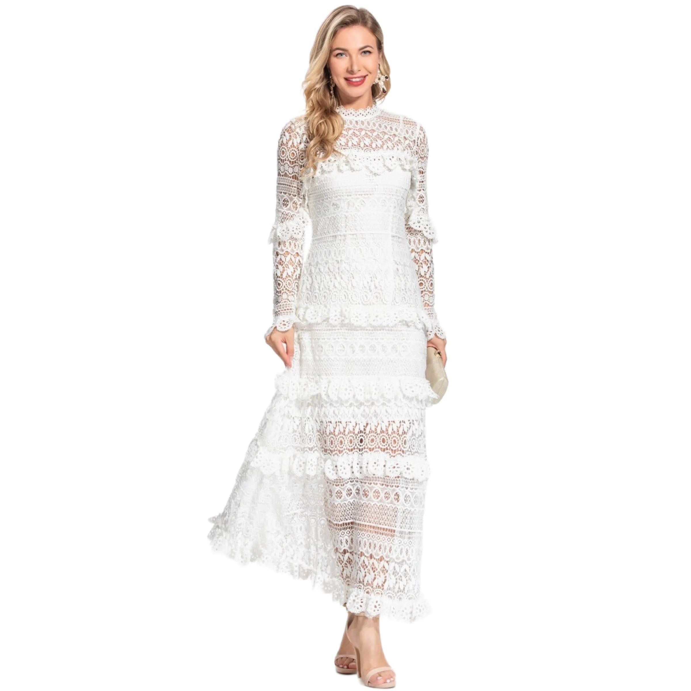 Boho Laced Maxi Dress Long Sleeved Mini Ruffles Color White Size S, M, L, XL, XXL, 3XL