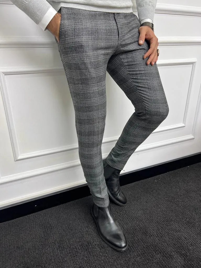 Bojoni Astoria Dark Gray Slim Fit Check Pants