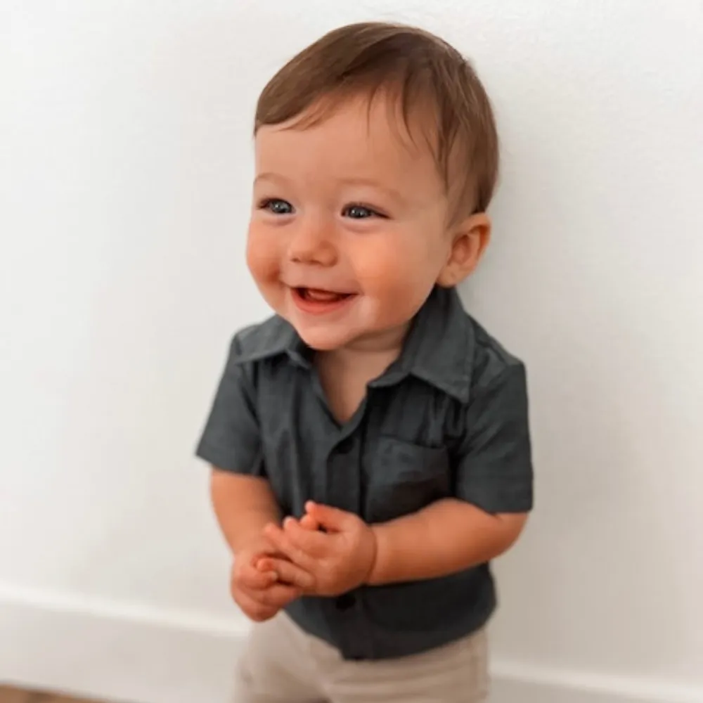 Born to Love Boy's Grey Button Down Short Sleeve Shirt