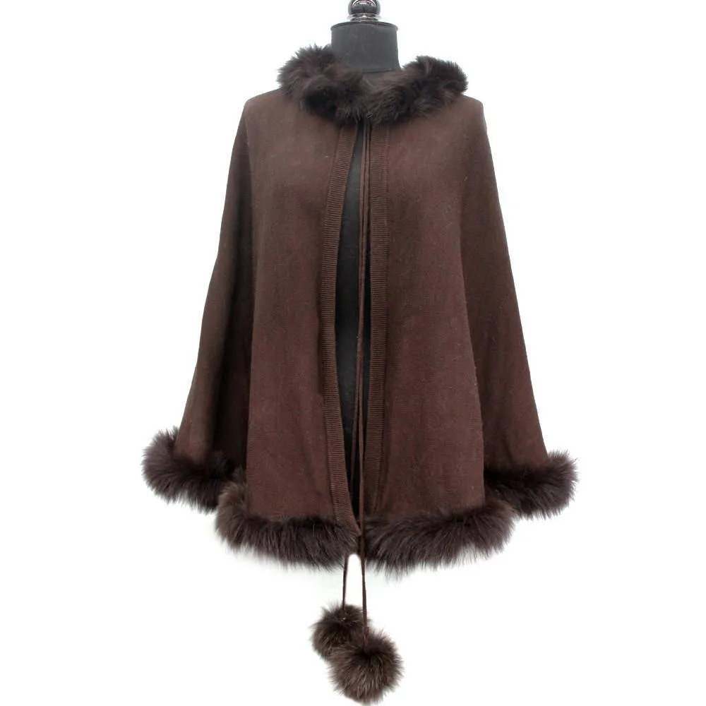 Brown Fox Fur Trim with Fur Poms Cape