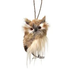 Brown fur and feather hoot winter owl ornament