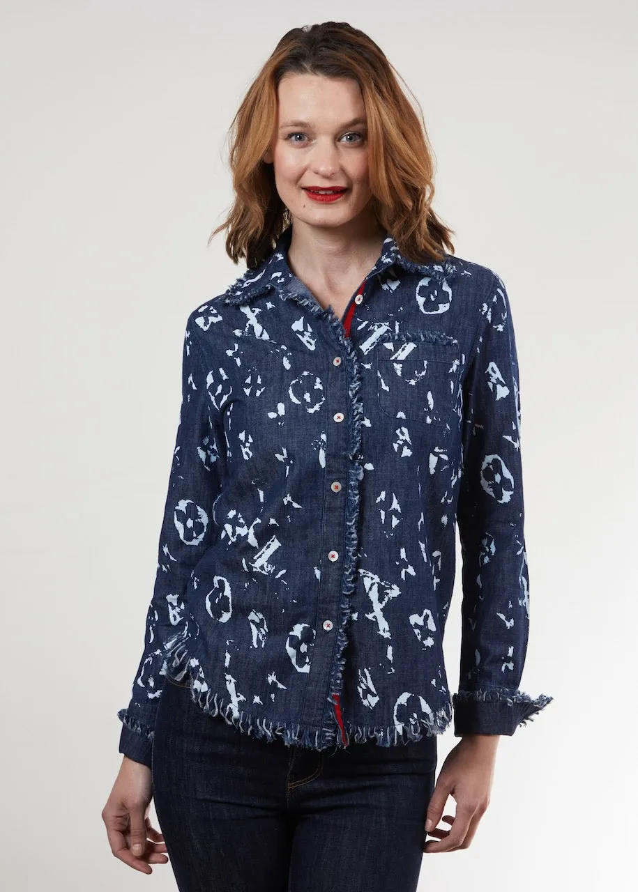 Cape Cod Frayed Shirt - Blurred Letters In Denim