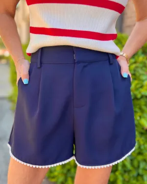 Coastal Girl Navy Pearl Trim Pleated High Waist Shorts 3" Inseam