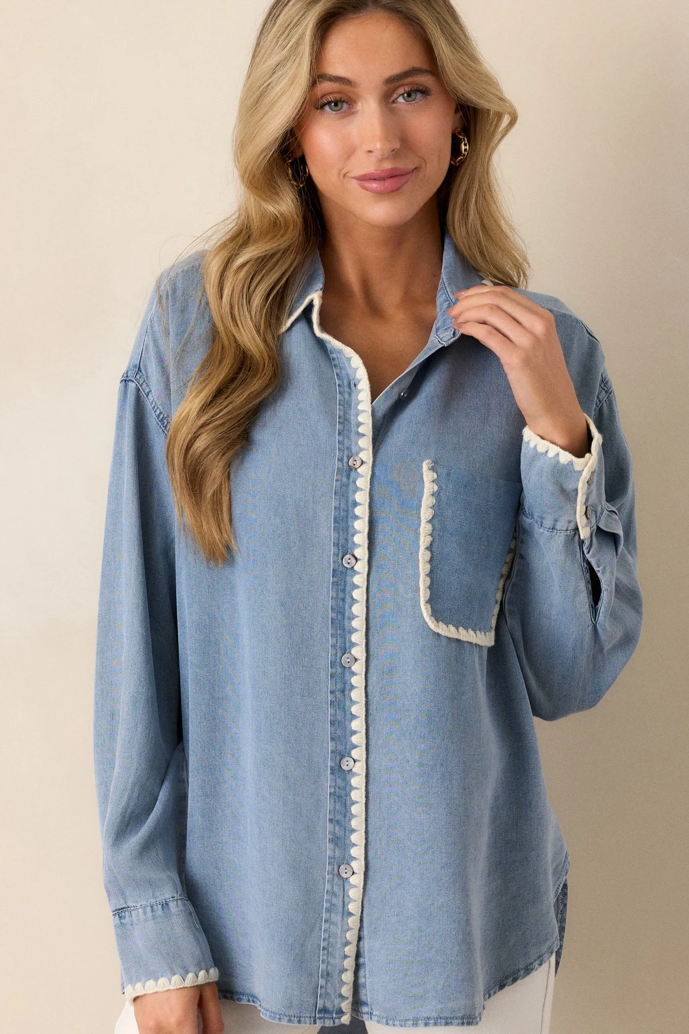 Cool Breezes Light Chambray Button Front Top
