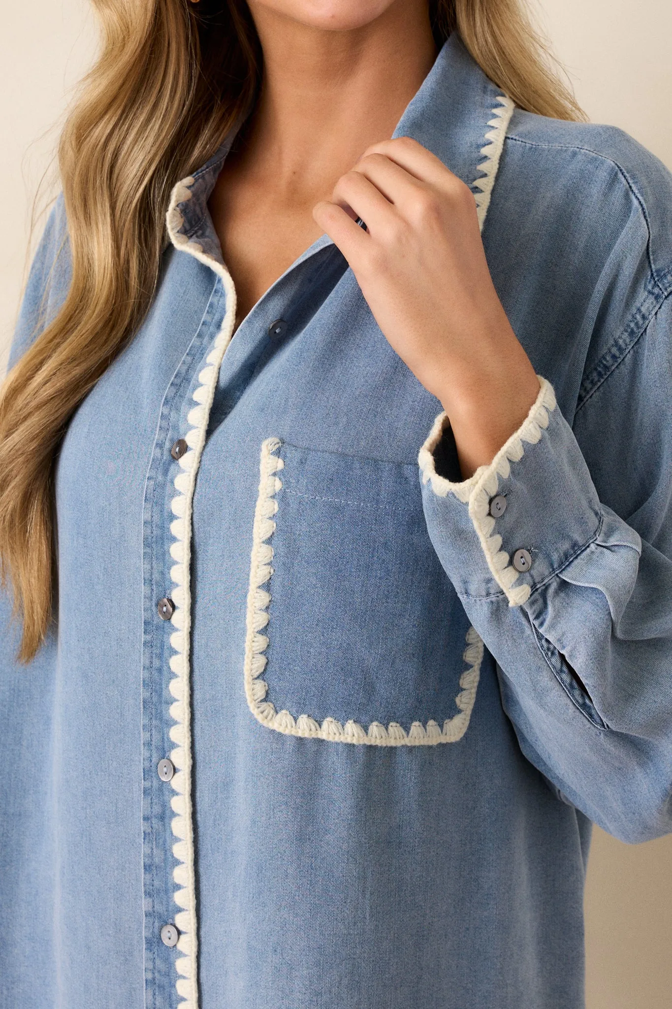 Cool Breezes Light Chambray Button Front Top