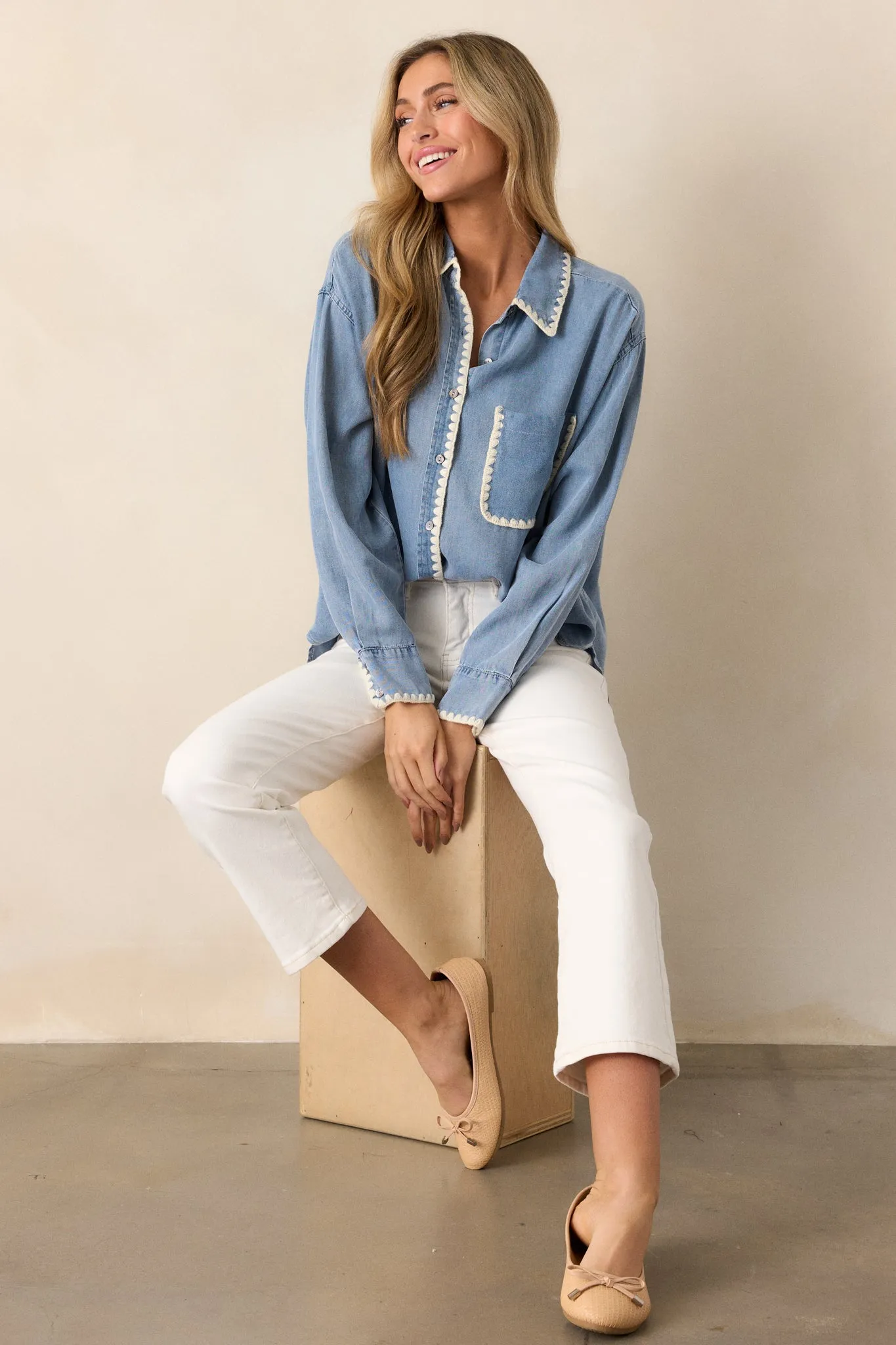 Cool Breezes Light Chambray Button Front Top