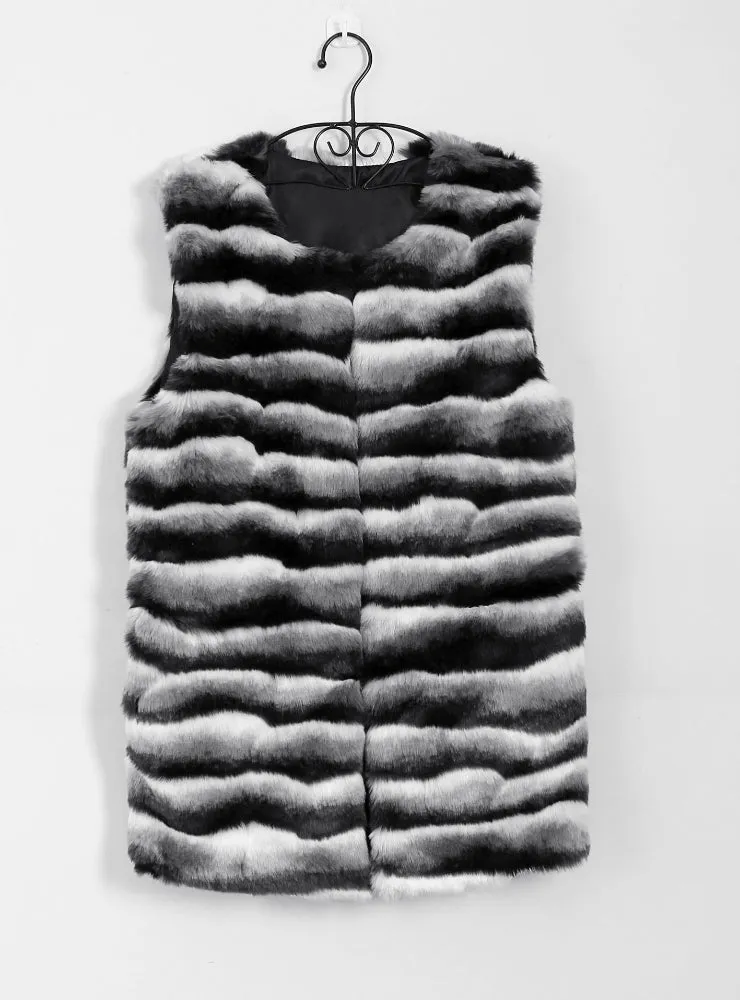 Crewneck Waistcoat Stripes Faux Fur Waistcoat Women